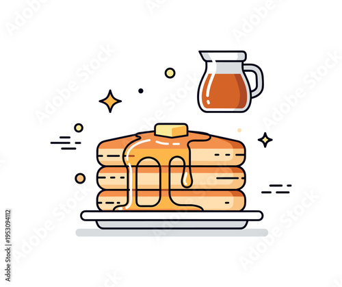 Pancakes with syrup stacked on a plate, dripping golden syrup and topped with a small pat of butter, conveying warmth, indulgence, and breakfast comfort.