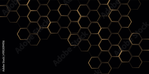 Sweet honeybomd with glowing golden brown lines background. 3D wallpaper. Pure black horizontal banner wallpaper.