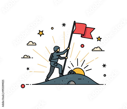 Soldier raising flag after a battle symbolic victory scene featuring a simplified silhouette planting a flag on a small hill with subtle sunrise rays behind,