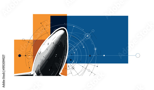 A monochrome airplane nose angled upward, abstract circular nodes and thin grid lines suggesting navigation systems, flat color blocks in cobalt and amber