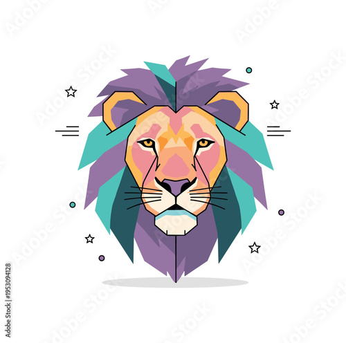 Geometric lion portrait angular yet soft edged lion face built from balanced shapes and bold color blocks. A modern editorial badge celebrating wildlife