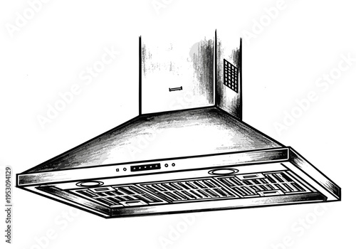Sketch of a modern stainless steel kitchen range hood with digital controls and lights