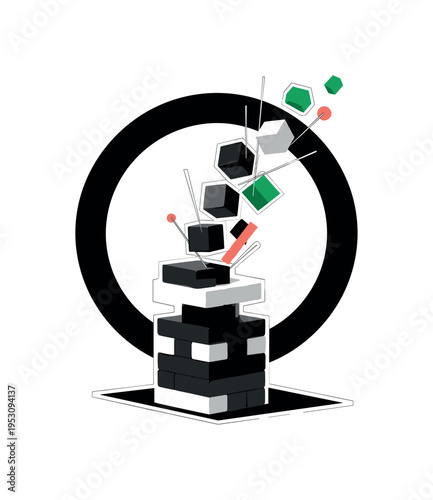 Black and white toy block tower partially tipping over, cubes transforming into abstract geometric fragments mid-air, thin linear elements