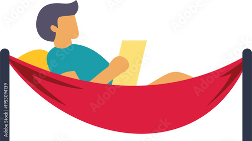 Man resting in a red hammock, enjoying reading for leisure or vacation