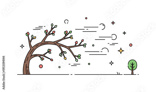 Spring tree movement concept centered on flexible branches with tiny blossoms carried slightly by flowing air lines. The scene highlights renewal, softness,
