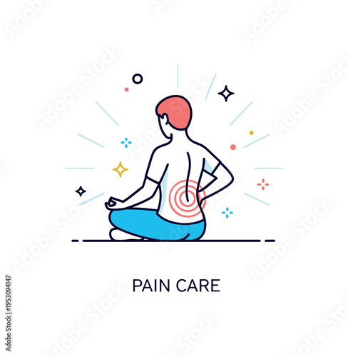 Chronic pain management techniques illustrated by a calm seated figure with a gentle glow around the lower back symbolizing mindful relief practices. A subtle