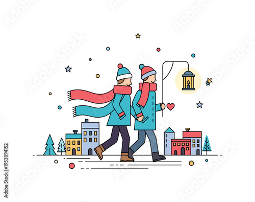 Cozy winter companionship expressed through a pair walking side by side under soft snowfall. Flowing scarves, simple building shapes and a glowing lantern form