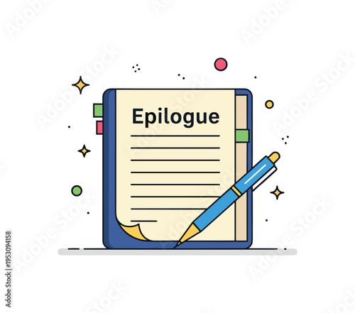 Epilogue illustrated as a handwritten note at the end of a manuscript with a pen lying across, emphasizing finality, personal reflection, and storytelling