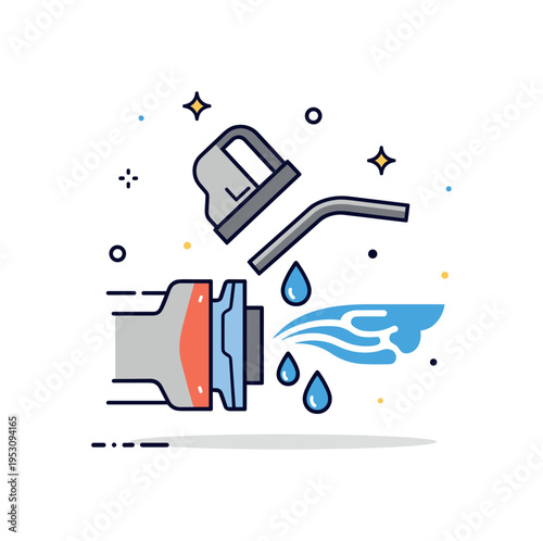 Air and fuel mixture intake valve opening to allow blue air stream and small fuel droplets entering a cylinder. A simple educational icon highlighting the