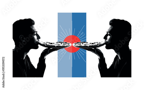 Black and white side profile silhouettes facing each other, concentric circular graphics overlapping between them representing shared connection, abstract