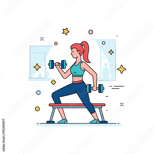 Fitness and strength training for women with a female athlete lifting light weights in a bright gym, highlighting energy, empowerment, and healthy lifestyle.