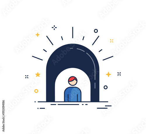 Fear in the shadows illustrated by a lone figure under a heavy dark arch shape with subtle sound lines radiating outward, expressing anxiety and unseen