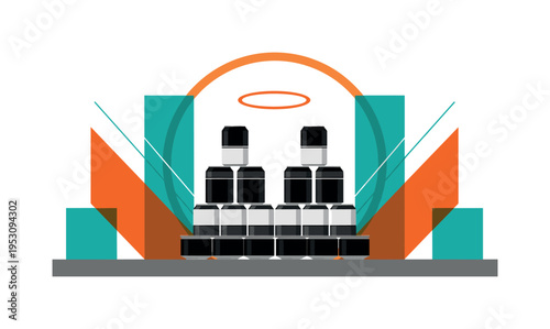 Black and white stacked cans arranged symmetrically on shelf, oversized abstract halo circle behind them, vivid orange and teal flat geometric blocks creating