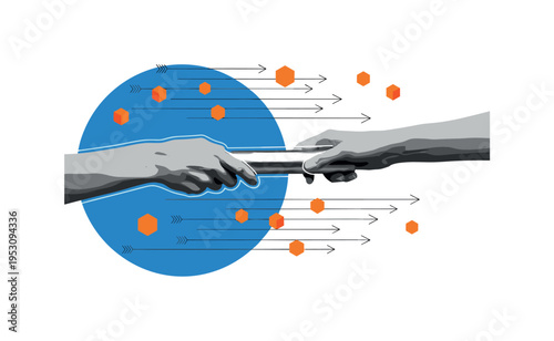 Black and white relay baton exchange between two hands, bold blue semicircle behind as spotlight, thin linear arrows indicating forward motion, small orange