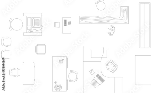 Technical architectural plan view drawing of furniture layouts including office desks, workstations, kitchen counters, and seating arrangements.