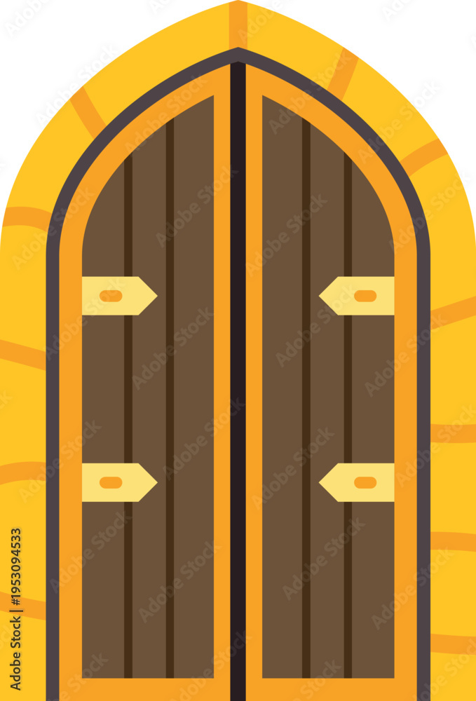 Naklejka premium Medieval castle entrance with a pointed arch and wood texture