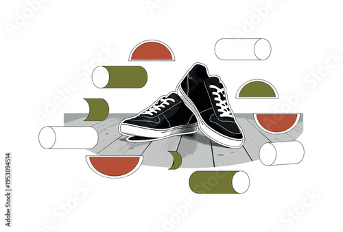 Black and white sneakers used for contemporary dance placed casually on wooden floorboards, abstract cylinders and semicircles arranged rhythmically around