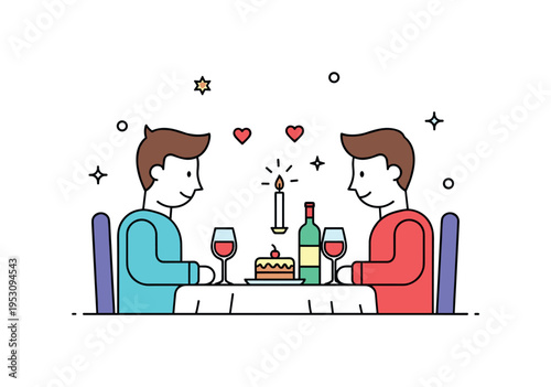 Anniversary dinner with a couple sitting at a candlelit table with wine glasses and a small cake, illustrating romantic connection and intimate celebration.