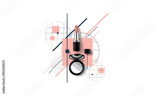Black and white lipstick and compact mirror arranged vertically, abstract circular grids and thin diagonal lines creating elegant structure, limited palette of