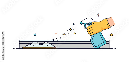 Spring cleaning baseboards in a bright tidy room focusing on a single gloved hand and cleaning spray bottle. Light dust particles turning into tiny stars