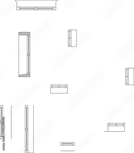 Technical architectural drawing showing various radiator or HVAC unit designs in plan and elevation views with ventilation grilles and mounting details.