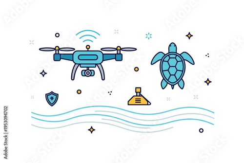 Ocean conservation technology aerial drone paired with a sea turtle silhouette and soft wave lines below. A modern editorial illustration about coastal