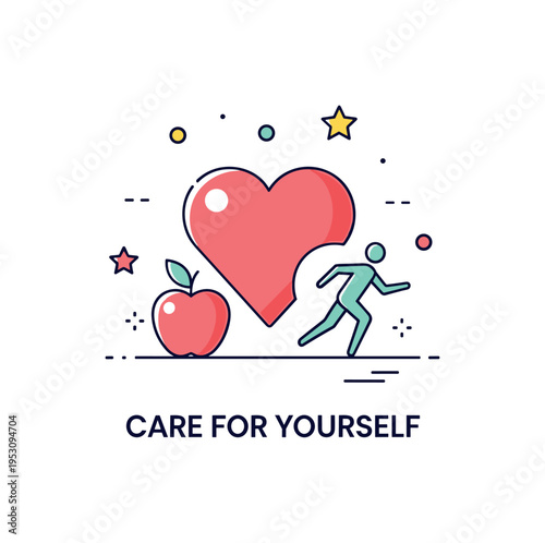 Supportive wellness mindset concept centered on a heart icon paired with a small apple and movement symbol, representing self compassion and healthy