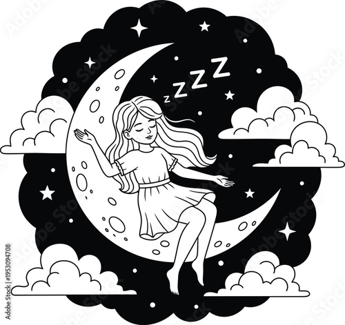 Woman sleeping isolated on transparent background with crescent moon and clouds