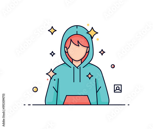 Street style fashion confident teenager silhouette wearing oversized hoodie with small sparkle accents highlighting individuality. A modern visual metaphor for