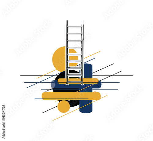 Black and white realistic dock ladder descending downward, bold abstract circles and cylinders suggesting water below, thin diagonal lines adding motion and