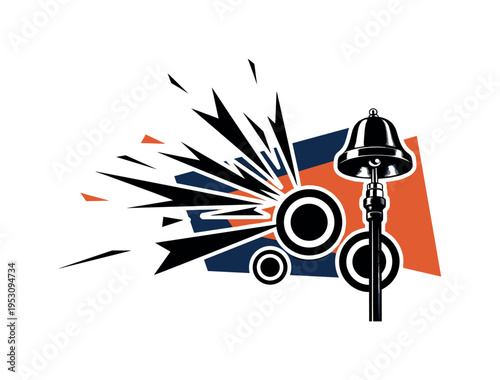 Black and white alarm bell mounted high with sound waves expanding across the frame, sharp angular shards and bold circular forms amplifying alert energy, flat
