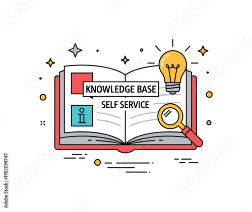 Knowledge base and self service portal shown as an open book combined with a search icon and lightbulb accent, symbolizing accessible information and empowered