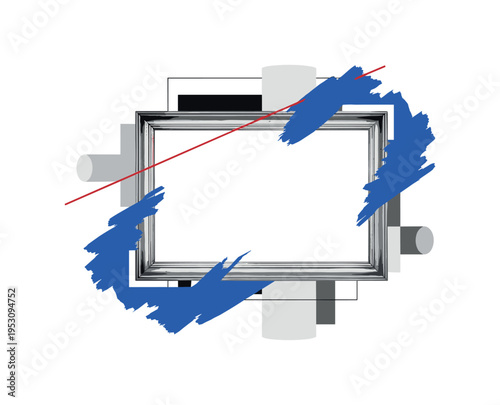 Black and white vintage frame floating empty with a bold blue abstract shape breaking outside its borders, thin red diagonal accent suggesting disruption of
