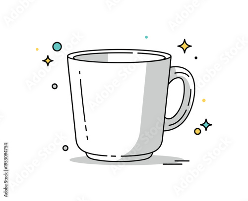 Modern handmade mug clean white ceramic cup accented with bold hand painted lines and subtle shadow depth, conveying contemporary artisan style. A stylish