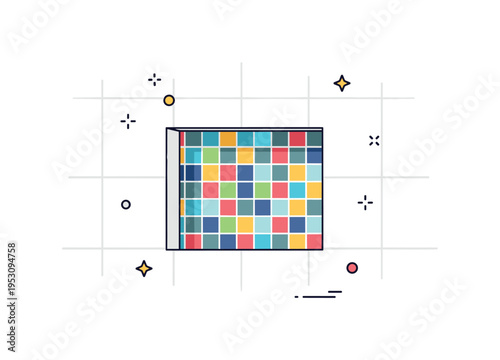 Contemporary mosaic tile feature illustrated by small colorful squares forming a neat rectangular section within a plain tiled wall. A tidy editorial badge
