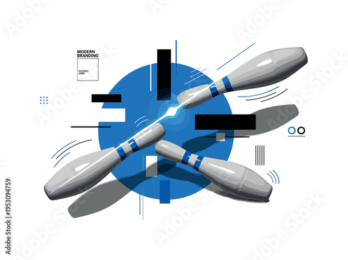 Monochrome close-up of juggling pins mid-air, intersected by a large blue semicircle and abstract rectangular blocks, diagonal flash of light slicing across