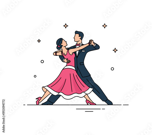 Ballroom dance techniques with a couple performing a waltz, gliding across the floor with coordinated elegance and expressive posture. Minimalist flat vector