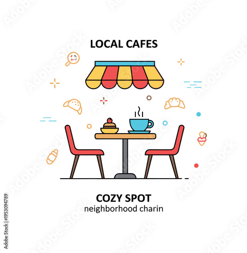 Local cafes illustration featuring a small outdoor table with a steaming coffee cup and a minimal awning overhead. Subtle pastry icons and a short ?Cozy Spot?