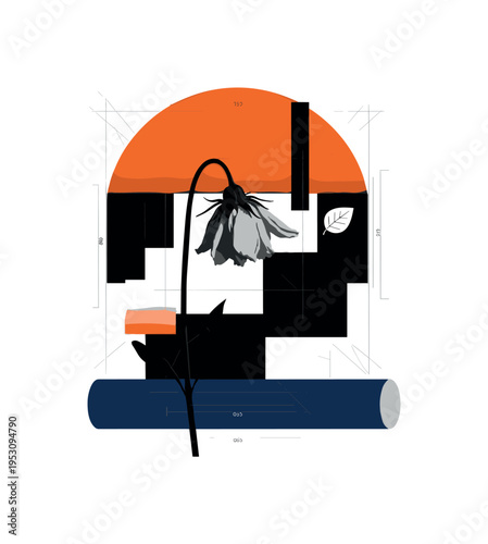 Black and white wilted flower silhouette combined with geometric blocks, bold orange semicircle framing upper section like fading sunset, thin framing guides