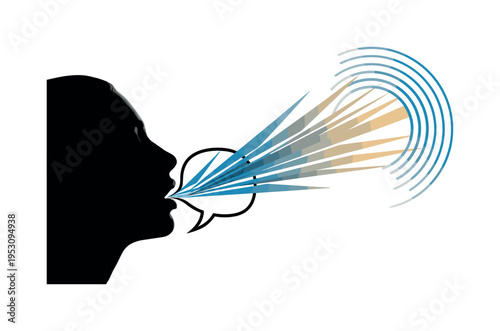 Black and white human profile with floating geometric planet and orbiting habitat modules around the head, bold red semicircle and cobalt blue rectangular