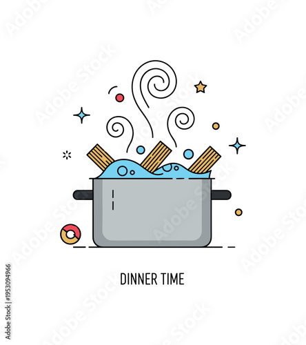 Boiling pasta in a kitchen pot with swirling steam rising above gently bubbling water, capturing the warmth of home cooking and simple comfort. A small ?Dinner