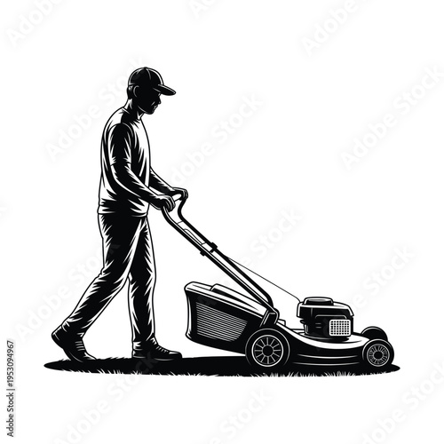 Man cleaning home with vacuum and lawn mower vector illustration