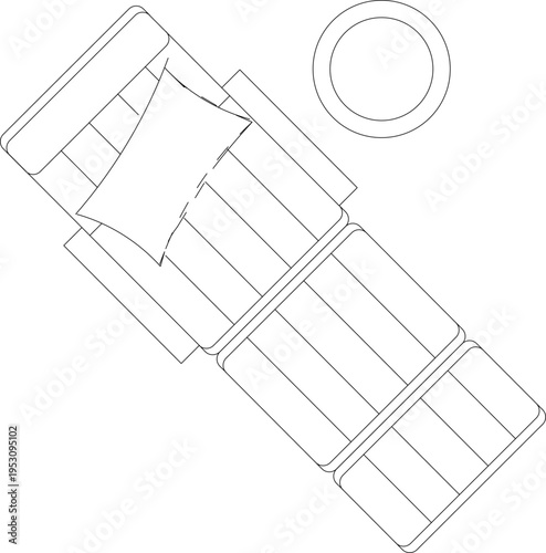 Technical interior design plan view showing modular sectional sofa with cushions and circular coffee table in contemporary living room furniture layout.