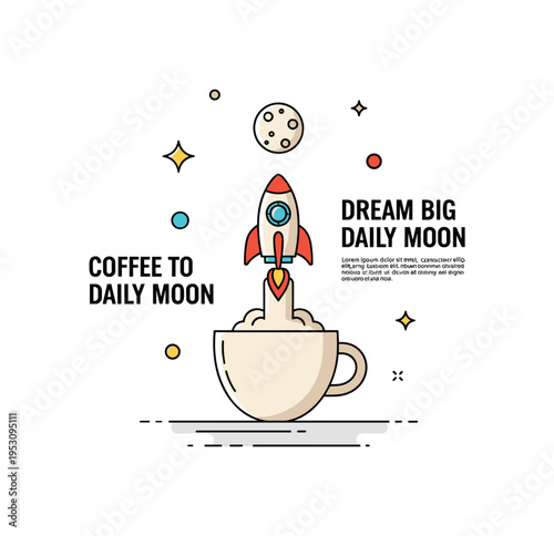 Coffee to the moon concept featuring a compact cup with a small rocket ascending toward a simple moon icon above, symbolizing big dreams fueled by daily