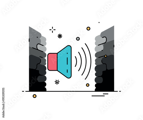 Whispers turning into echoes featuring layered curved lines bouncing between dark abstract walls, symbolizing sound reverberating in emptiness. The neat badge