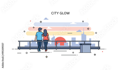 Urban rooftop sunset scene with a couple leaning against a simple railing while the sun sets behind a minimal skyline. Soft gradient sky bands and a subtle