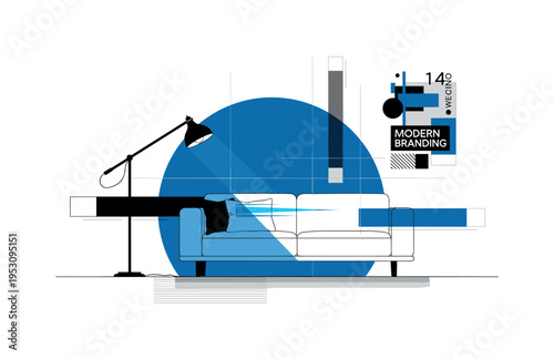 Monochrome side view of a minimalist couch with floor lamp beside it, intersected by a large blue semicircle and abstract rectangular blocks symbolizing