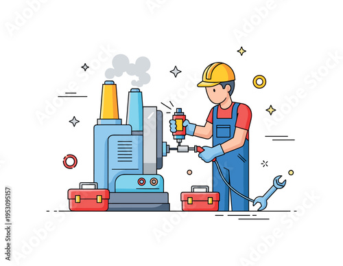Routine factory maintenance showing a person lubricating machinery with small toolkits nearby, conveying safety, reliability, and industrial care. Minimalist