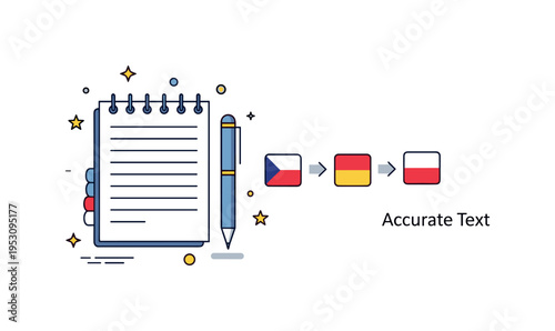 Document translation workflow concept featuring a notepad and pen with small language icons transitioning between them. A subtle ?Accurate Text? caption