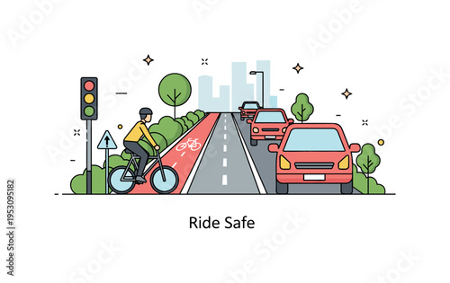 Bike lanes in a city street scene featuring a clearly marked cycling path with a cyclist riding safely alongside parked cars and greenery, symbolizing urban